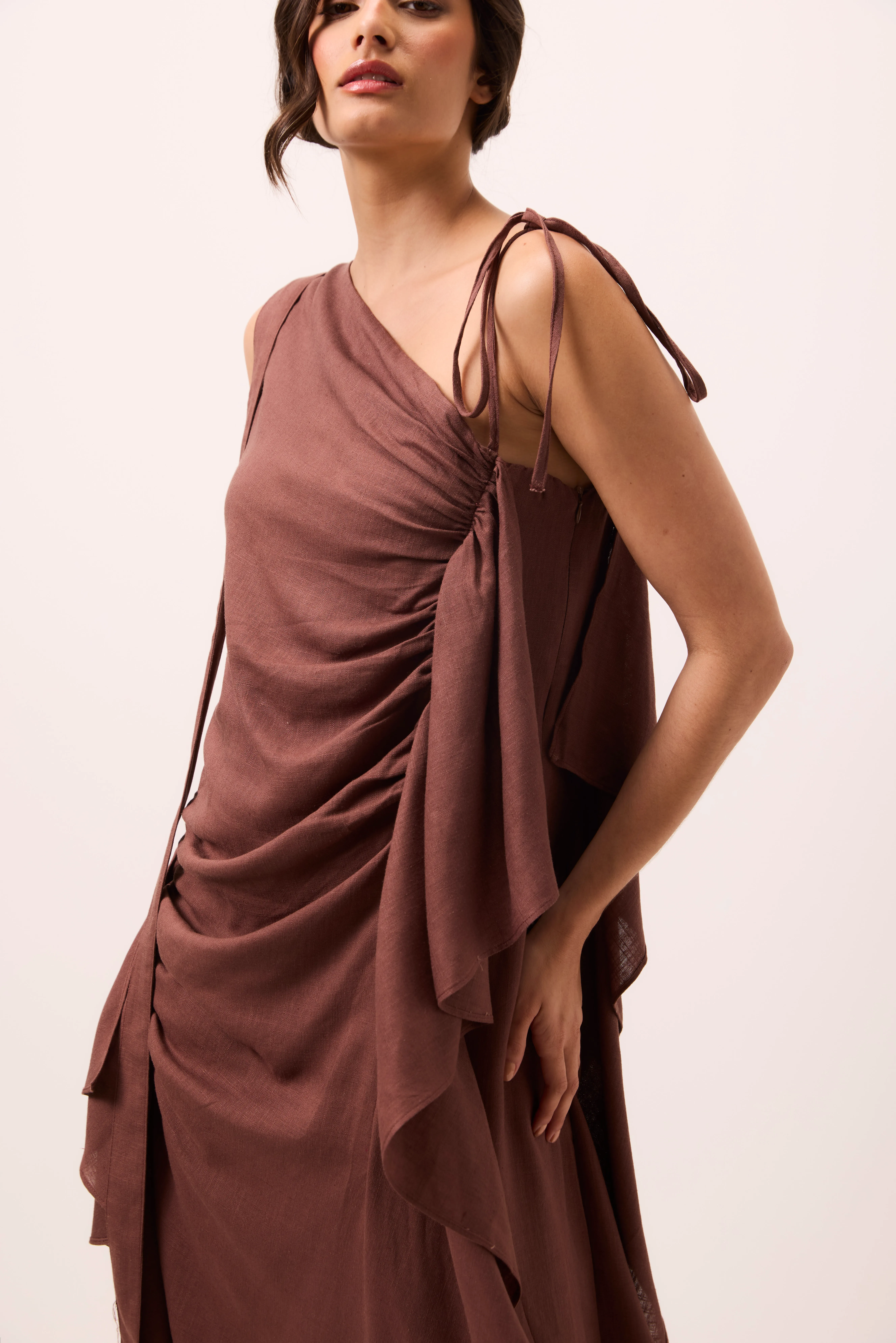 Vestido Midi Pétala em Linho Misto Marrom - Imagem 5