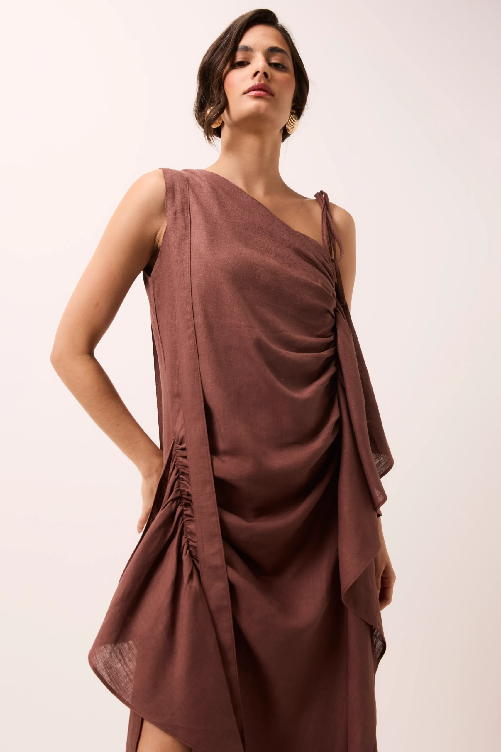 Vestido Midi Pétala em Linho Misto Marrom - Imagem 6