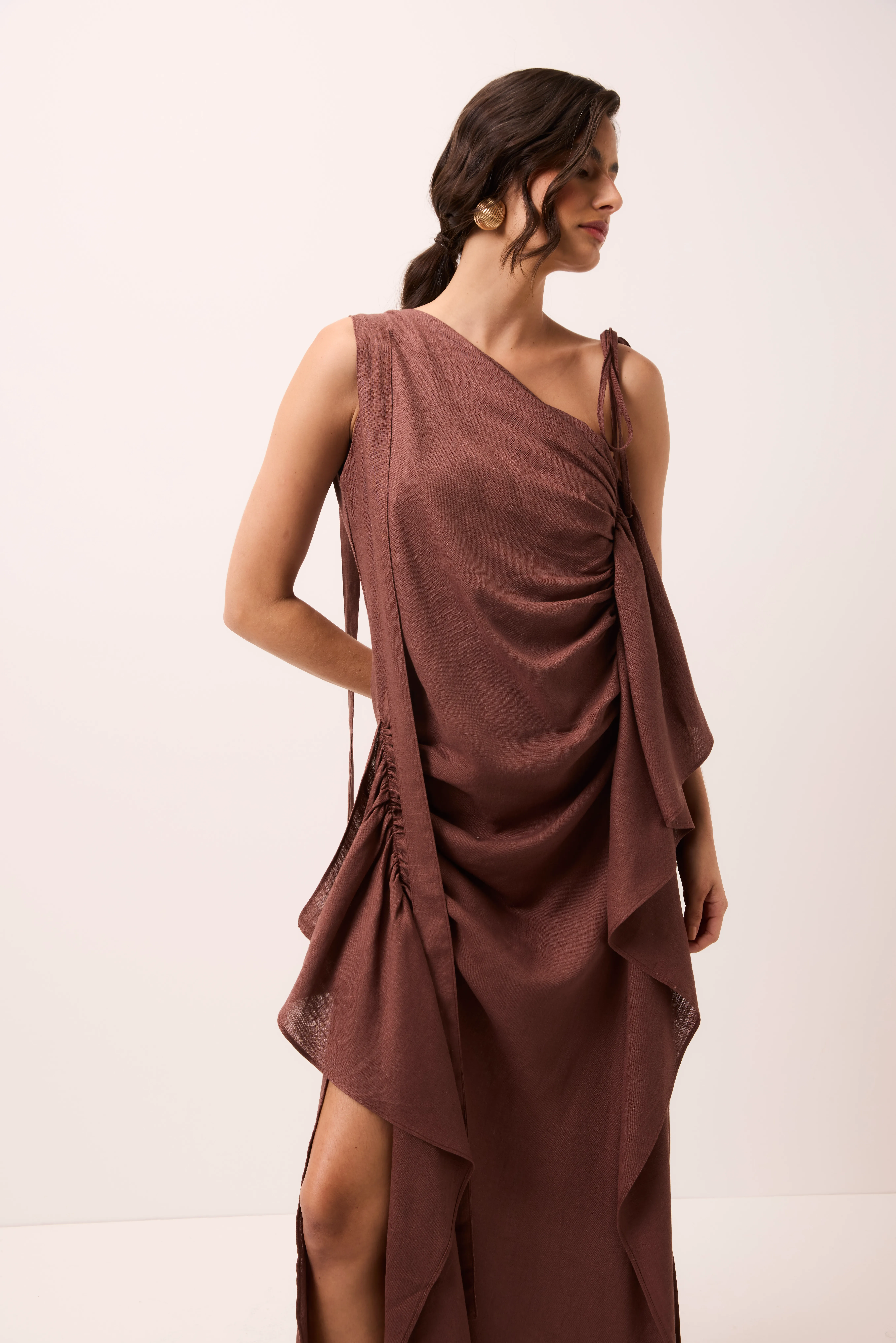 Vestido Midi Pétala em Linho Misto Marrom - Imagem 4