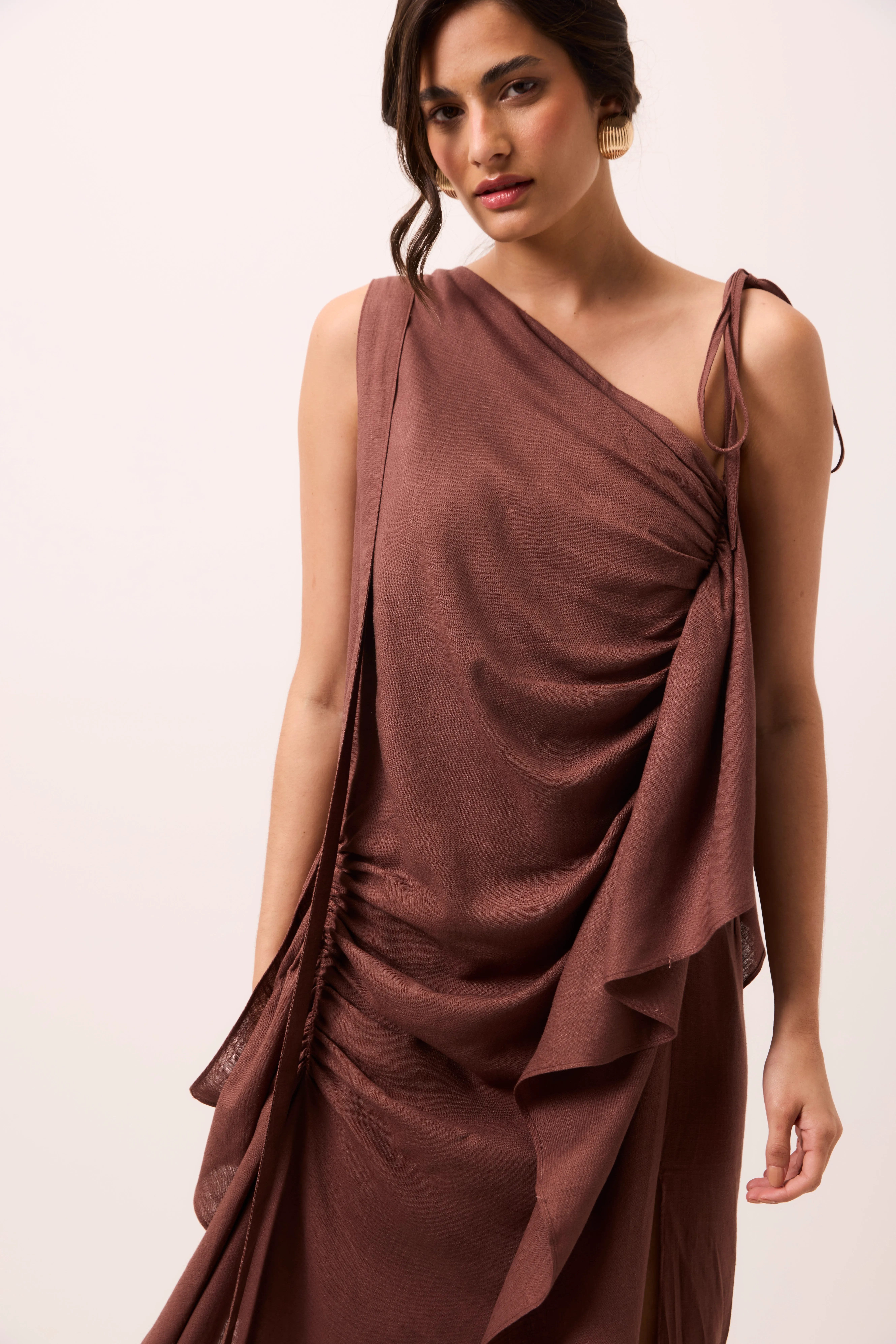 Vestido Midi Pétala em Linho Misto Marrom - Imagem 7