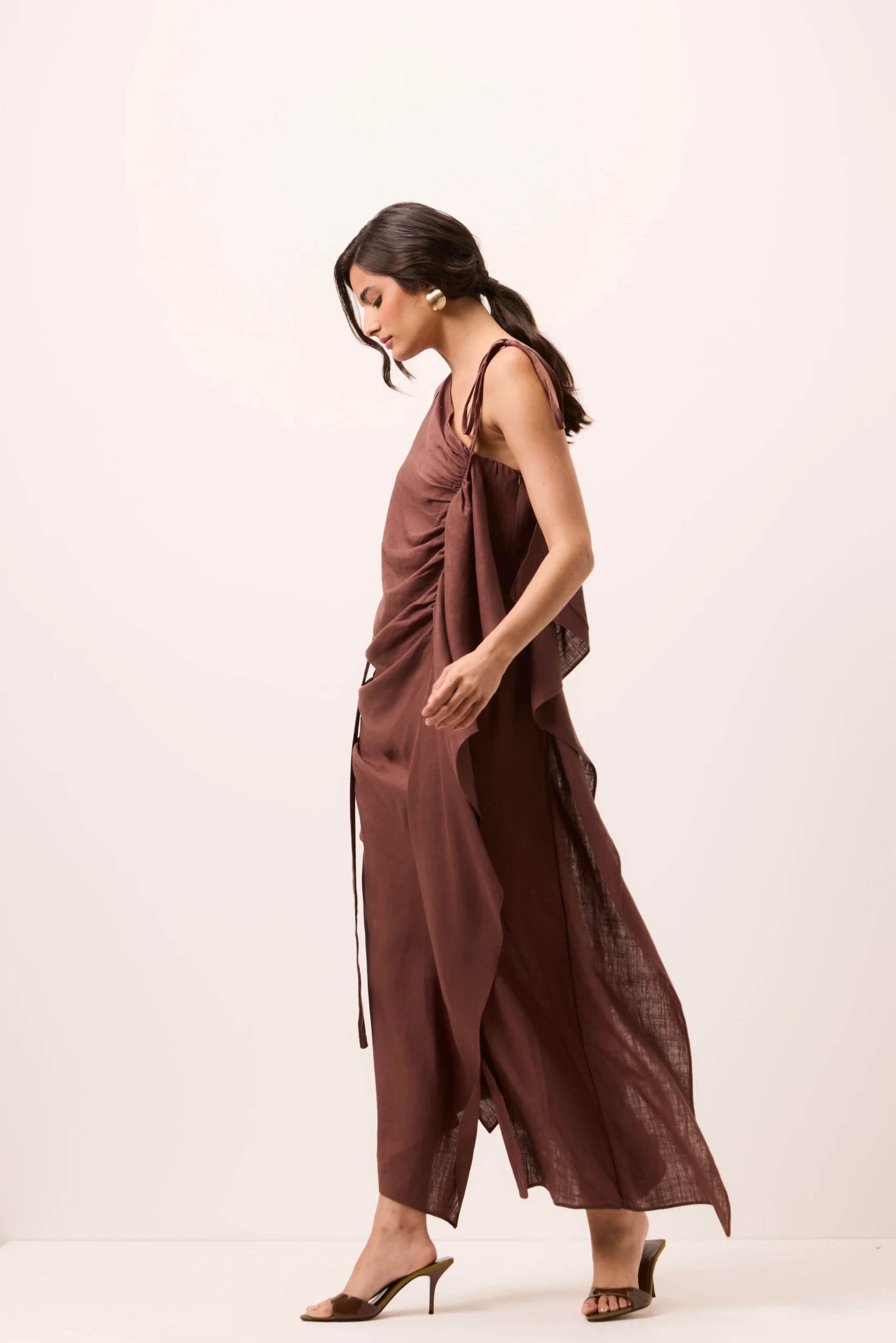 Vestido Midi Pétala em Linho Misto Marrom - Imagem 2