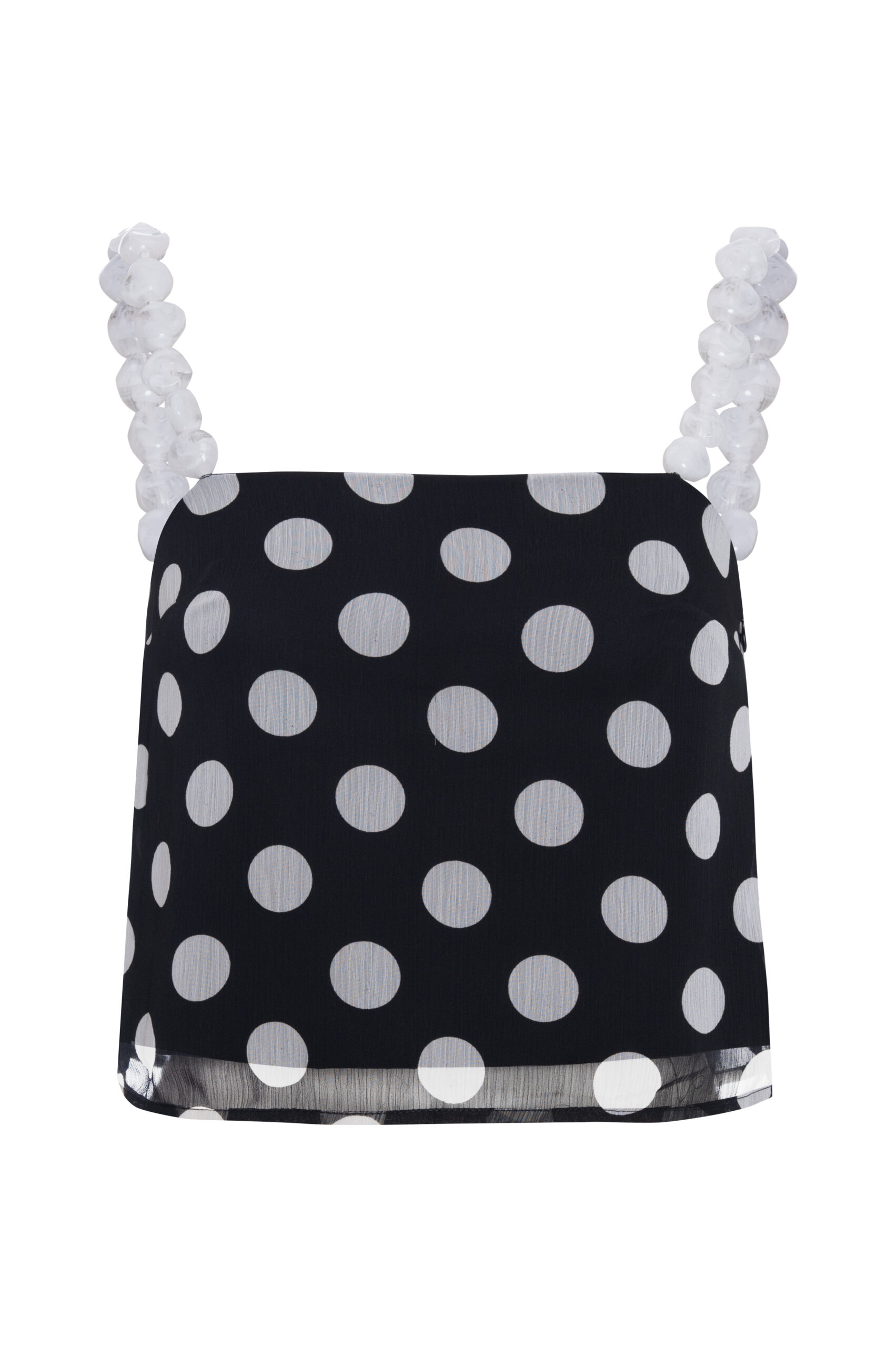 Blusa cropped preta com bolinhas brancas, alças reguláveis e decote reto, vista de frente em fundo branco