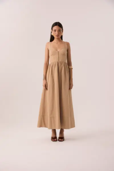 Alternative view of Vestido Midi Corselet em Corta Vento Caqui